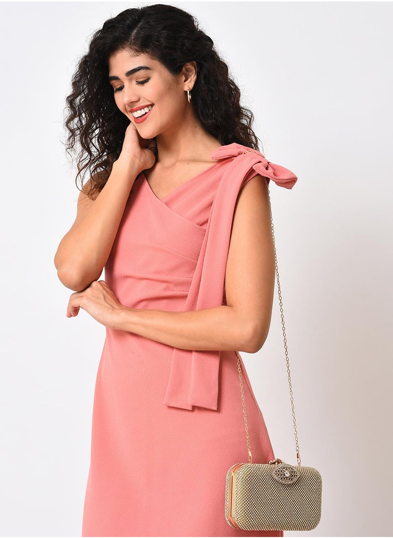 Textured Push Lock Clutch Bag with Chain Strap