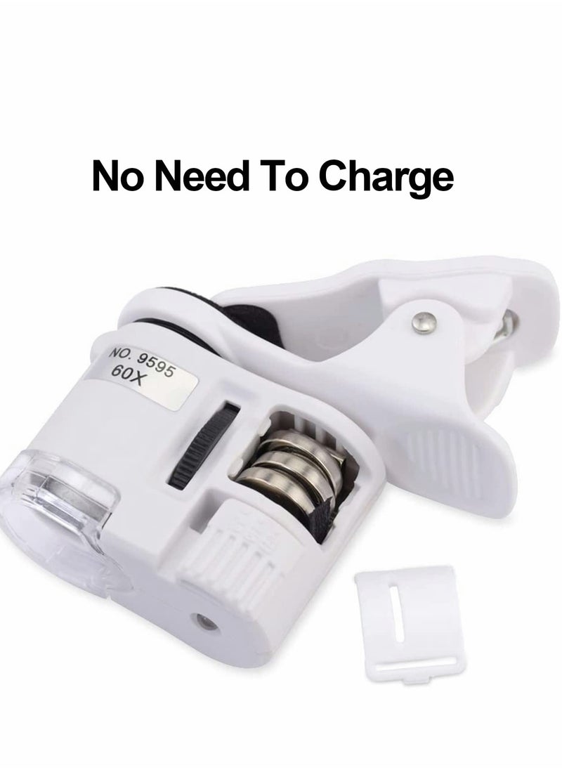 Phone Microscope, 60X Universal Portable Clip On Microscope with LED UV Lights Jeweler Loupe for Biological Jewelry Coins Currency Stamps Antiques Smart Phones and Tablets