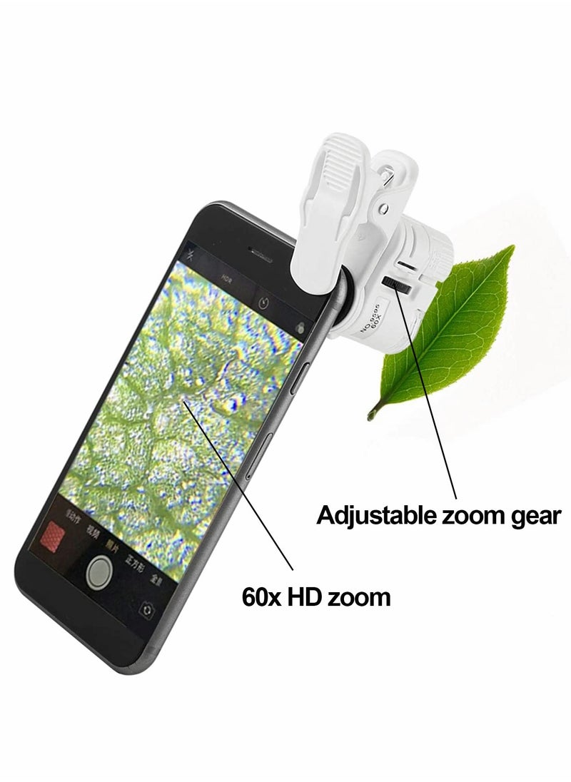 Phone Microscope, 60X Universal Portable Clip On Microscope with LED UV Lights Jeweler Loupe for Biological Jewelry Coins Currency Stamps Antiques Smart Phones and Tablets
