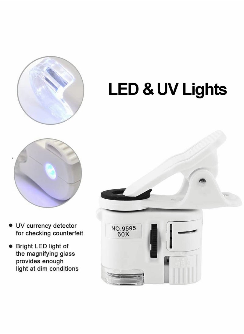 Phone Microscope, 60X Universal Portable Clip On Microscope with LED UV Lights Jeweler Loupe for Biological Jewelry Coins Currency Stamps Antiques Smart Phones and Tablets