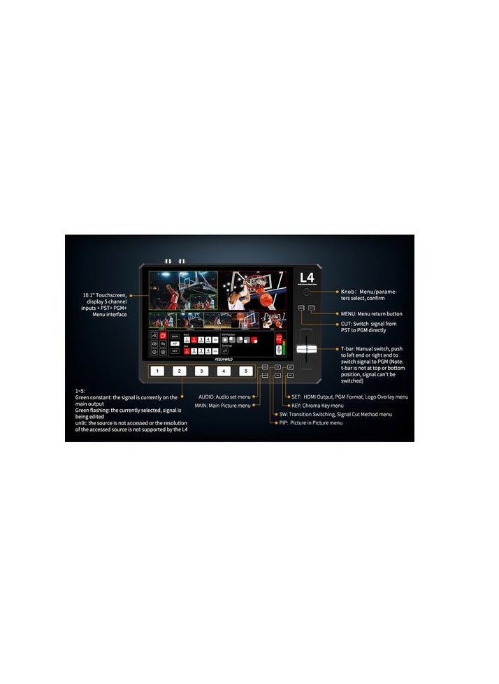 FEELWORLD L4 10.1 Inch Touch Screen Video Switcher 10.1 inch Touchscreen, Real-time Preview 5 Input Sources PST PGM and Operation Interface