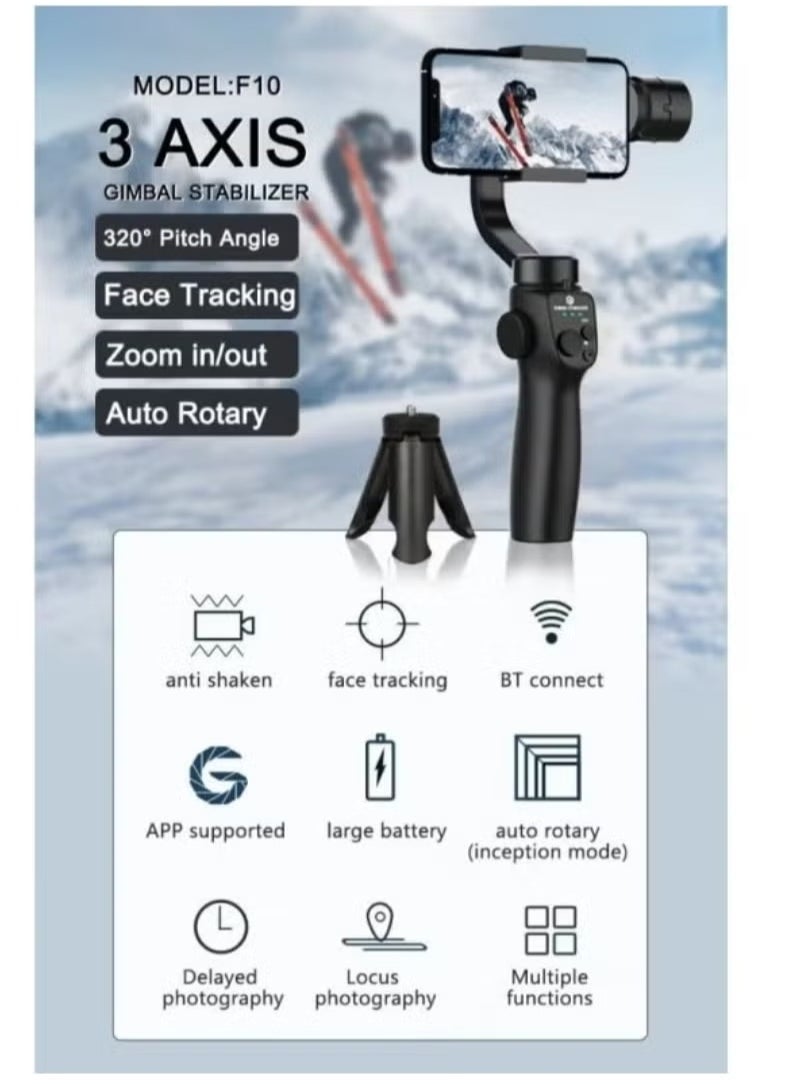 F10 3-Axis Stabilizer Tripod for Smartphone – Smooth Video Recording, Anti-Shake, Adjustable Design, Perfect for Vlogging, Live Streaming, and Photography, Portable and Compact