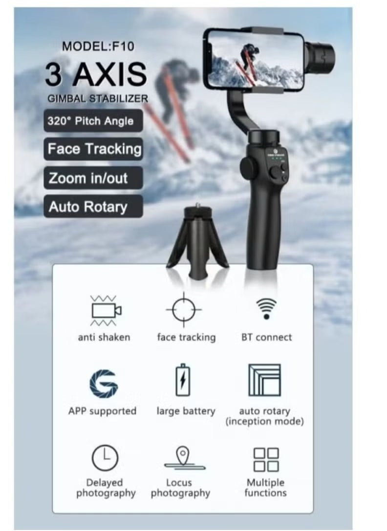F10 3-Axis Stabilizer Tripod for Smartphone – Smooth Video Recording, Anti-Shake, Adjustable Design, Perfect for Vlogging, Live Streaming, and Photography, Portable and Compact