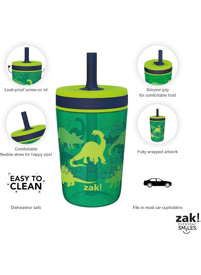 Zak Designs Kelso 15 oz Tumbler Set, (Dino Camo) Non-BPA Leak-Proof Screw-On Lid with Straw Made of Durable Plastic and Silicone, Perfect Baby Cup Bundle for Kids (2pc Set)