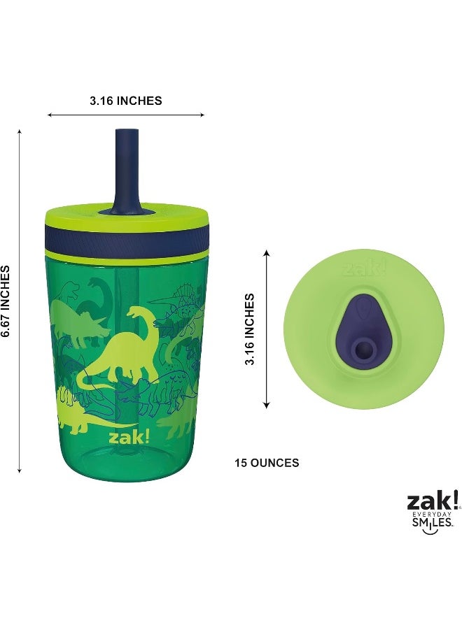 Zak Designs Kelso 15 oz Tumbler Set, (Dino Camo) Non-BPA Leak-Proof Screw-On Lid with Straw Made of Durable Plastic and Silicone, Perfect Baby Cup Bundle for Kids (2pc Set)