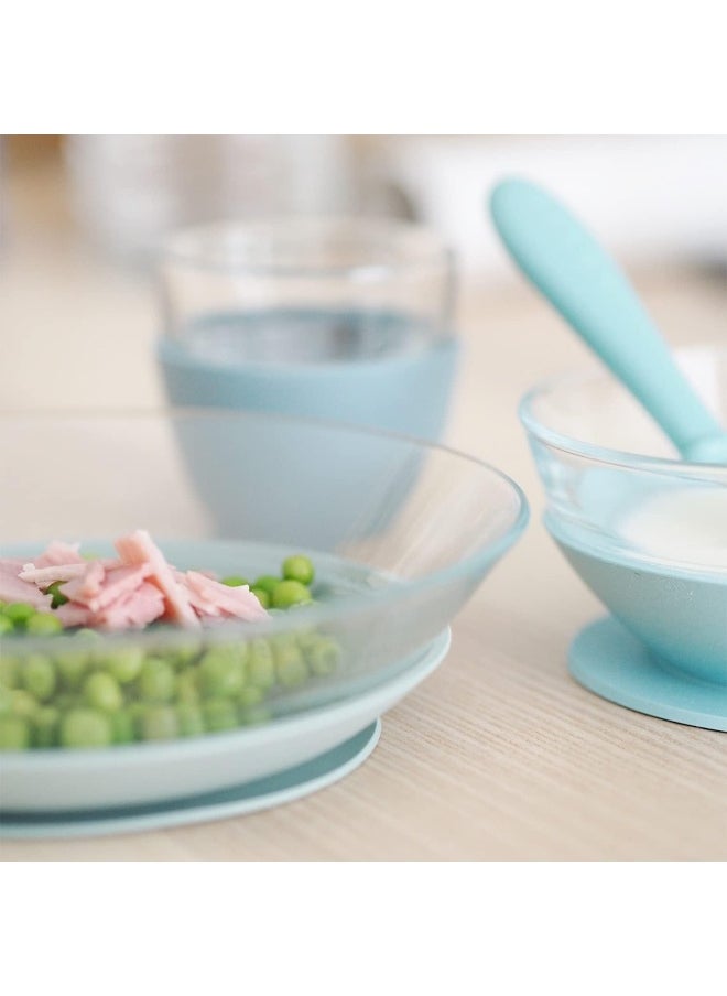 Béaba 3-Piece Suction Glass Set, Glass Bowl and Plate Set - Baby + Toddler Dinnerware Set for Baby Food, Baby Plate, Baby Bowl, Baby Cup, 2.5x Stronger than Reg Glass, (Rain)