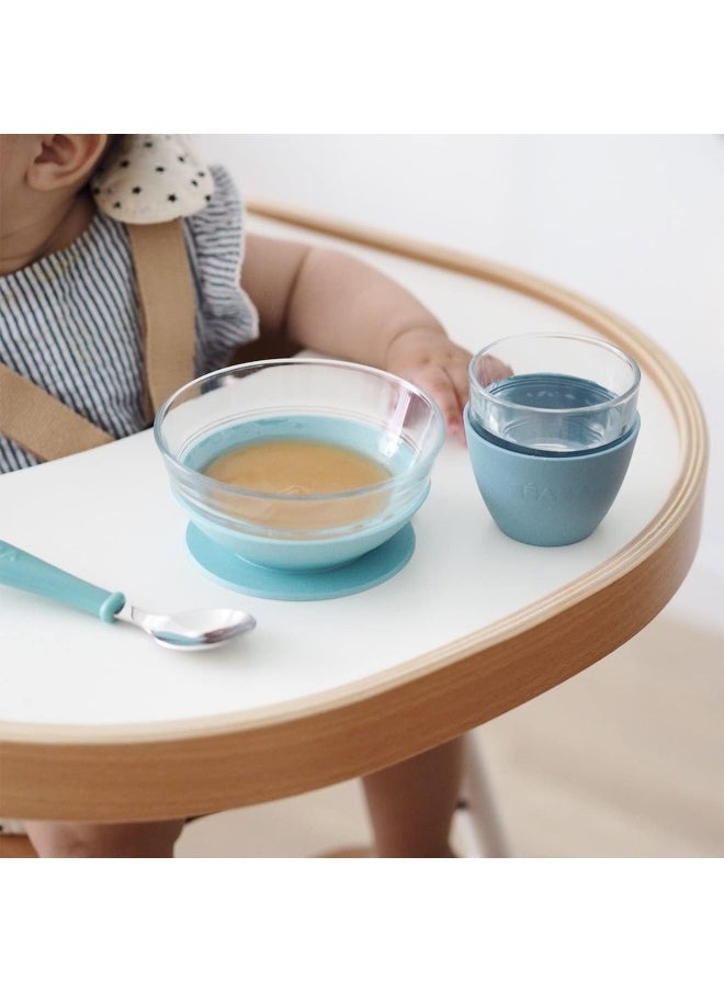 Béaba 3-Piece Suction Glass Set, Glass Bowl and Plate Set - Baby + Toddler Dinnerware Set for Baby Food, Baby Plate, Baby Bowl, Baby Cup, 2.5x Stronger than Reg Glass, (Rain)