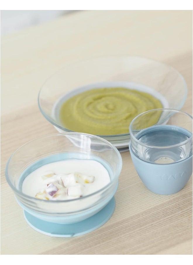 Béaba 3-Piece Suction Glass Set, Glass Bowl and Plate Set - Baby + Toddler Dinnerware Set for Baby Food, Baby Plate, Baby Bowl, Baby Cup, 2.5x Stronger than Reg Glass, (Rain)