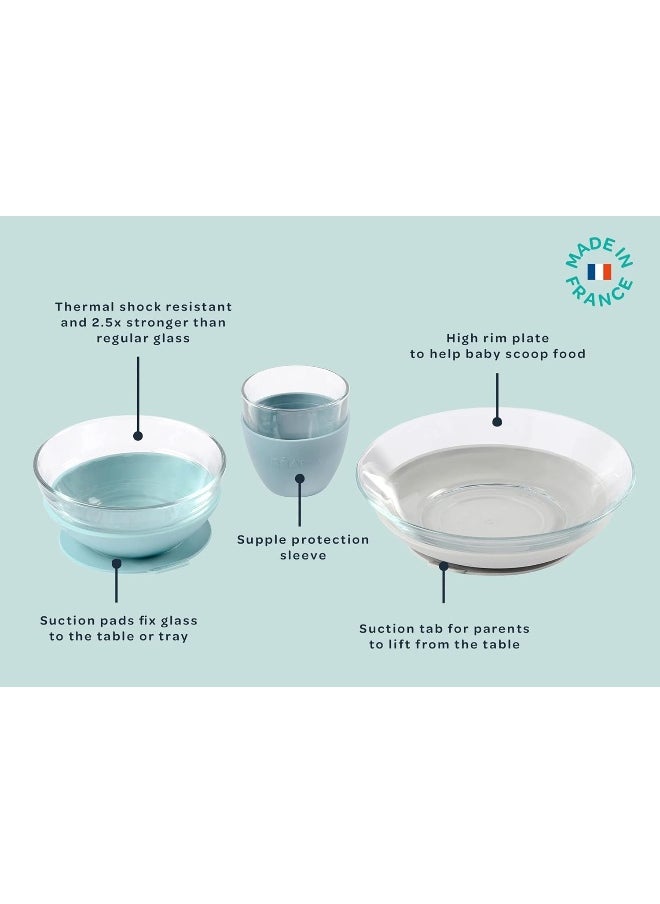Béaba 3-Piece Suction Glass Set, Glass Bowl and Plate Set - Baby + Toddler Dinnerware Set for Baby Food, Baby Plate, Baby Bowl, Baby Cup, 2.5x Stronger than Reg Glass, (Rain)