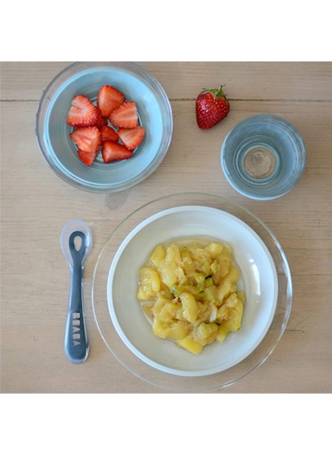 Béaba 3-Piece Suction Glass Set, Glass Bowl and Plate Set - Baby + Toddler Dinnerware Set for Baby Food, Baby Plate, Baby Bowl, Baby Cup, 2.5x Stronger than Reg Glass, (Rain)