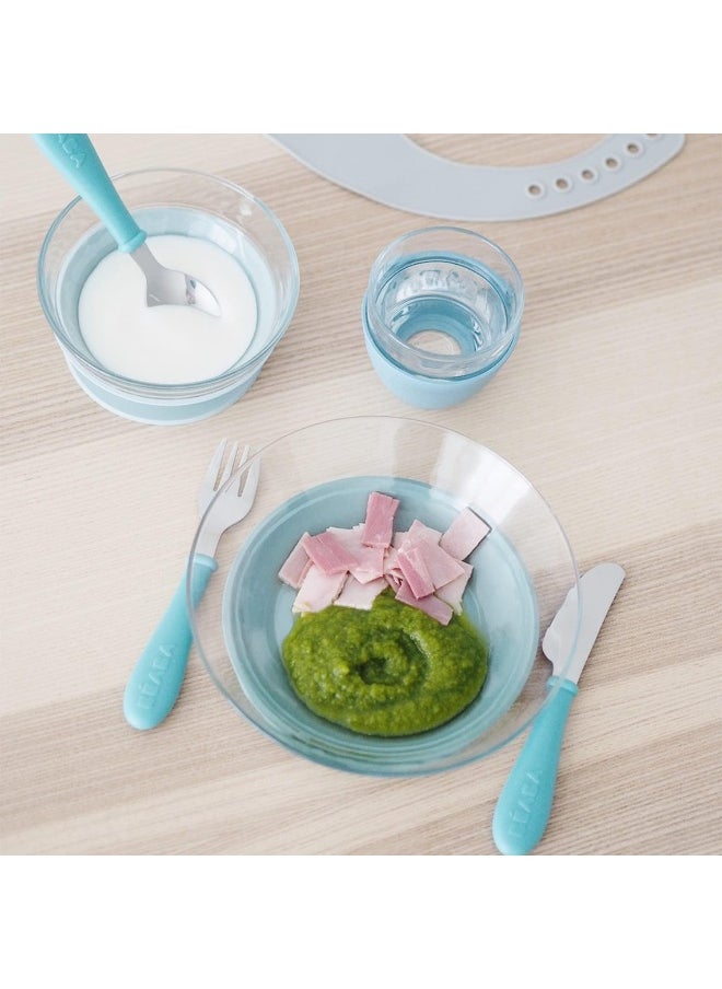 Béaba 3-Piece Suction Glass Set, Glass Bowl and Plate Set - Baby + Toddler Dinnerware Set for Baby Food, Baby Plate, Baby Bowl, Baby Cup, 2.5x Stronger than Reg Glass, (Rain)