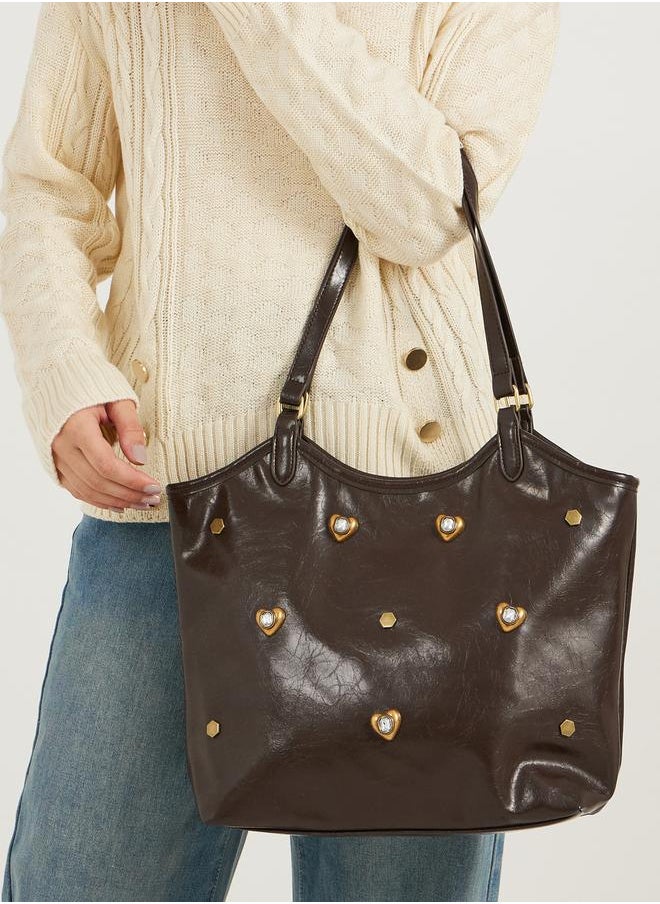 Textured Embellished Shoulder Bag with Zip Closure