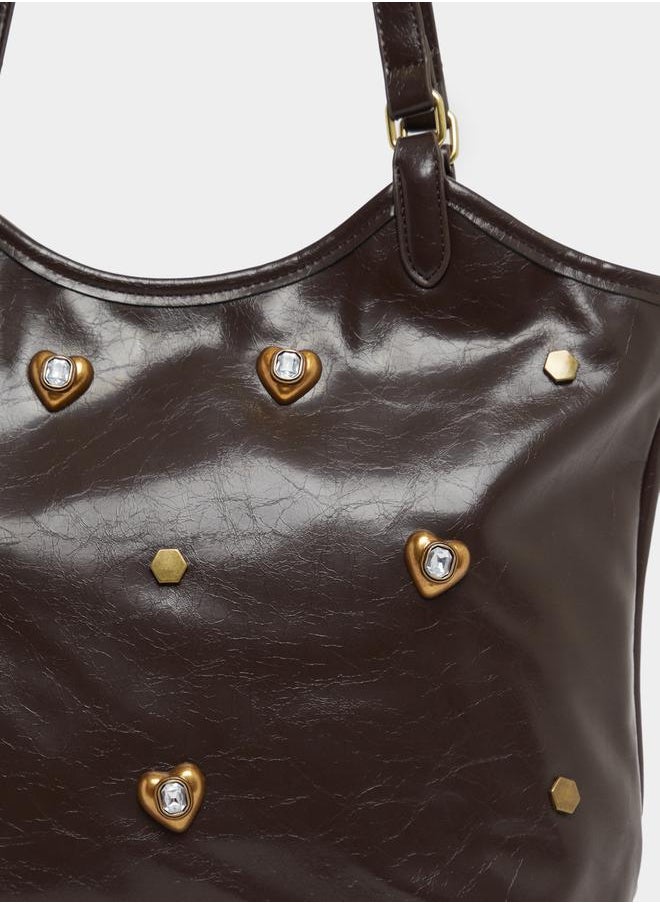 Textured Embellished Shoulder Bag with Zip Closure