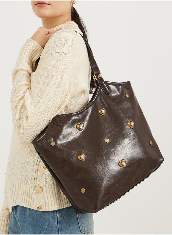 Textured Embellished Shoulder Bag with Zip Closure