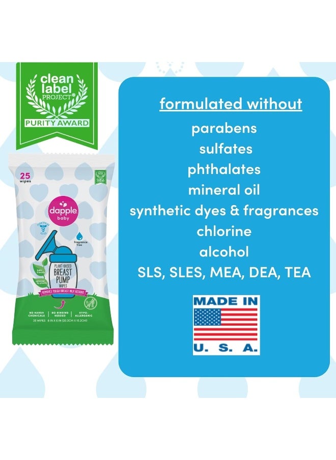 Dapple Breast Pump Wipes, Powered by Plants, Hypoallergenic, Removes Milk Residue, Fragrance Free, Convenient Wipes Pouch, 25 Count (2 Pack)