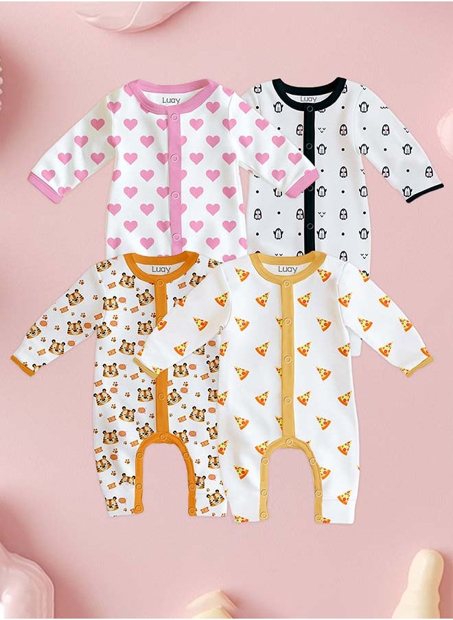 LUAY 100% Cotton Full Sleeves Baby Printed Romper,Sleepsuit for Baby Girls & Boys_(Pack of 4)