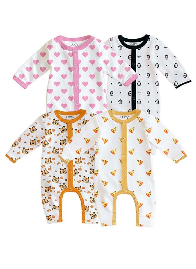 LUAY 100% Cotton Full Sleeves Baby Printed Romper,Sleepsuit for Baby Girls & Boys_(Pack of 4)