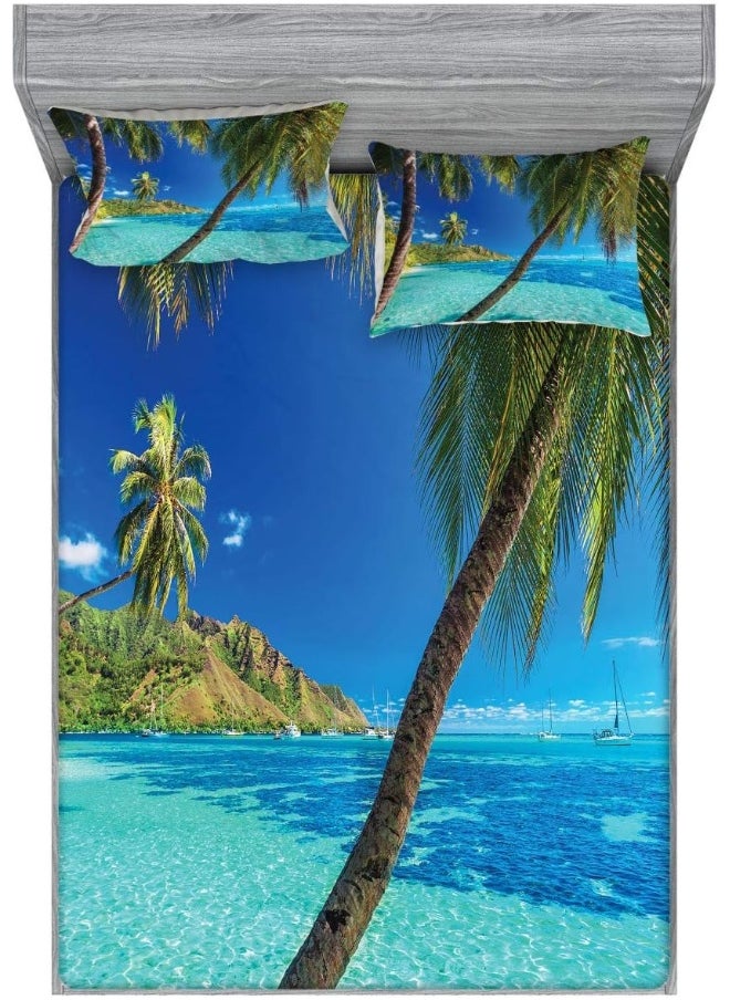 Ambesonne Ocean Fitted Sheet & Pillow Sham Set, Image of a Tropical Island The Palm Trees and Clear Sea Beach Theme Print, Decorative Printed 3 Piece Bedding Decor Set, King, Turquoise Blue