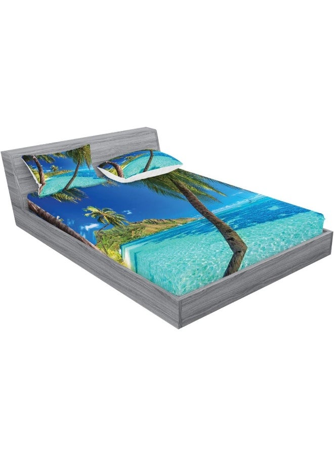 Ambesonne Ocean Fitted Sheet & Pillow Sham Set, Image of a Tropical Island The Palm Trees and Clear Sea Beach Theme Print, Decorative Printed 3 Piece Bedding Decor Set, King, Turquoise Blue