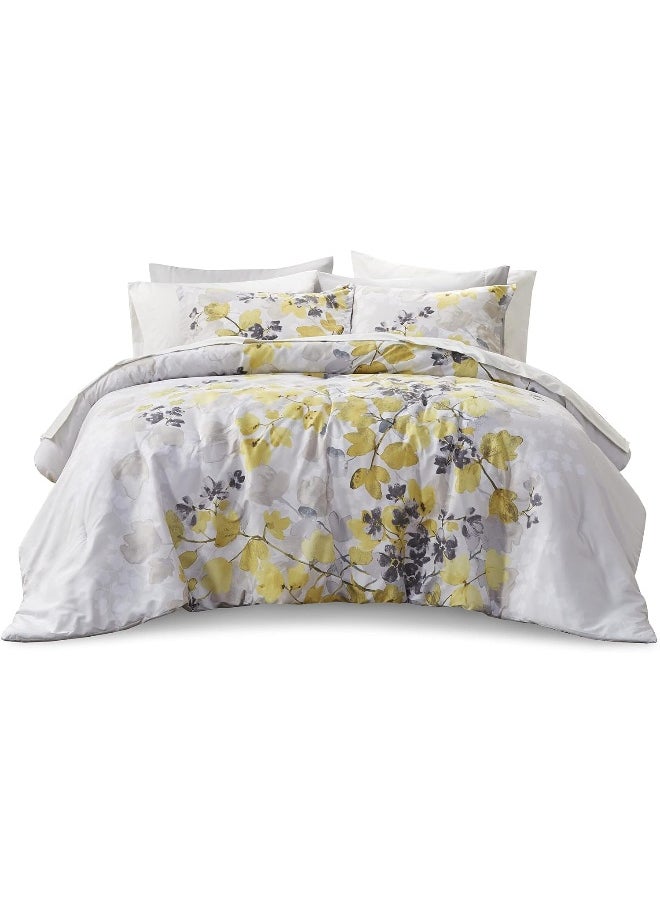 Madison Park Comfort Spaces Bed in A Bag - Trendy Casual Design Cozy Comforter with Complete Sheet Set with Side Pocket, All Season Cover, Matching Shams, Queen, Nina, Leaf Yellow/Grey 9 Piece