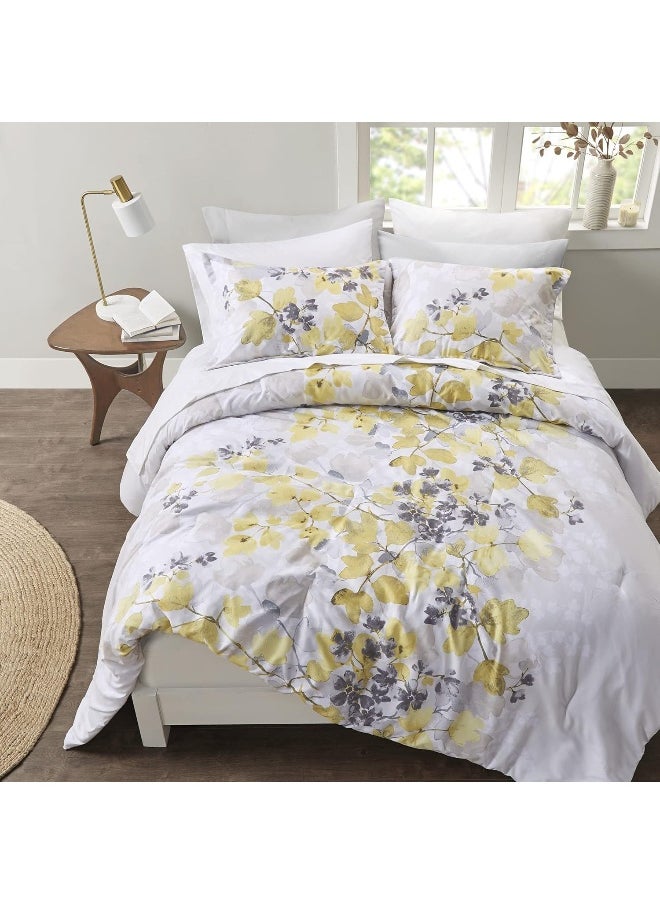 Madison Park Comfort Spaces Bed in A Bag - Trendy Casual Design Cozy Comforter with Complete Sheet Set with Side Pocket, All Season Cover, Matching Shams, Queen, Nina, Leaf Yellow/Grey 9 Piece