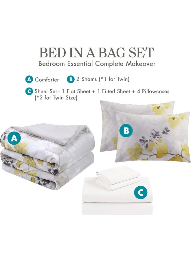 Madison Park Comfort Spaces Bed in A Bag - Trendy Casual Design Cozy Comforter with Complete Sheet Set with Side Pocket, All Season Cover, Matching Shams, Queen, Nina, Leaf Yellow/Grey 9 Piece