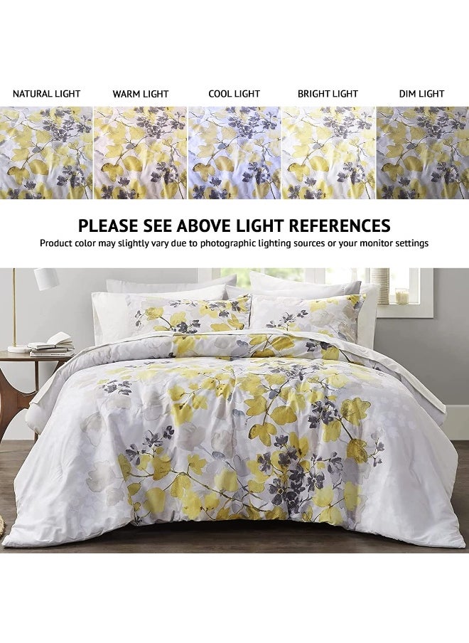 Madison Park Comfort Spaces Bed in A Bag - Trendy Casual Design Cozy Comforter with Complete Sheet Set with Side Pocket, All Season Cover, Matching Shams, Queen, Nina, Leaf Yellow/Grey 9 Piece