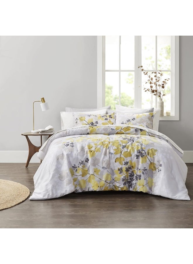 Madison Park Comfort Spaces Bed in A Bag - Trendy Casual Design Cozy Comforter with Complete Sheet Set with Side Pocket, All Season Cover, Matching Shams, Queen, Nina, Leaf Yellow/Grey 9 Piece