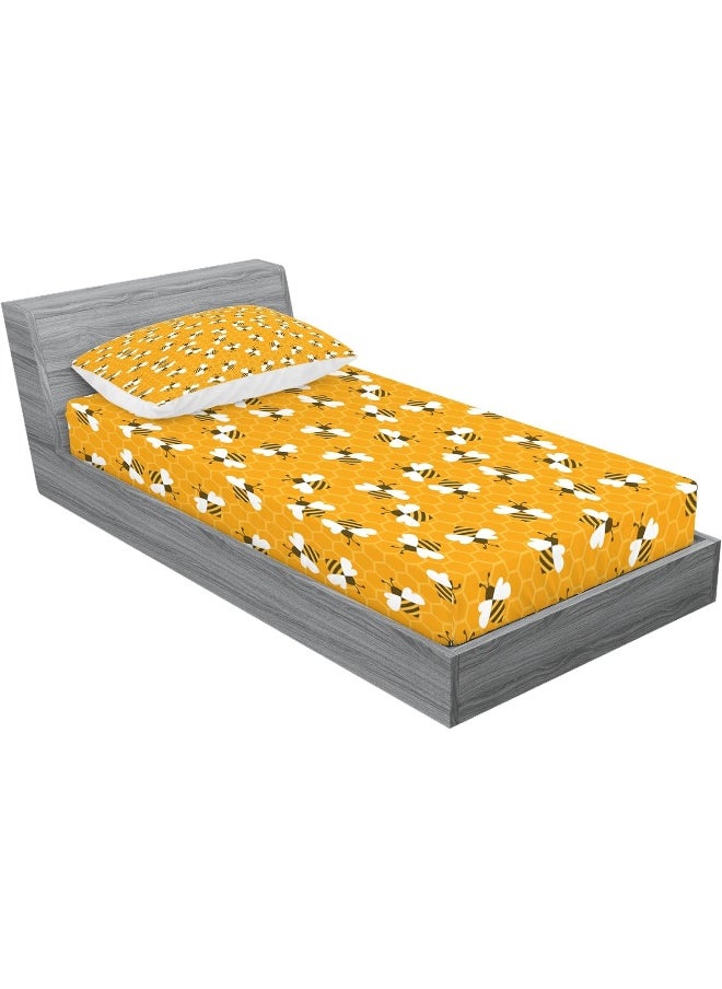 Ambesonne Bee Fitted Sheet & Pillow Sham Set, Bumble Bees Producing Honey by Filling Honeycombs Cells Themed Graphic Image Print, Decorative Printed 2 Piece Bedding Decor Set, Twin, Multicolor