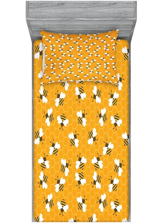 Ambesonne Bee Fitted Sheet & Pillow Sham Set, Bumble Bees Producing Honey by Filling Honeycombs Cells Themed Graphic Image Print, Decorative Printed 2 Piece Bedding Decor Set, Twin, Multicolor