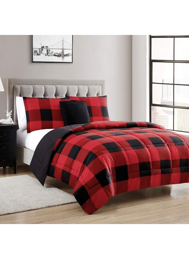 Sweet Home Collection 4 Piece Buffalo Check Plaid Design Reversible to Solid Color with 2 Shams & Throw Pillow, Full/Queen, Burgundy