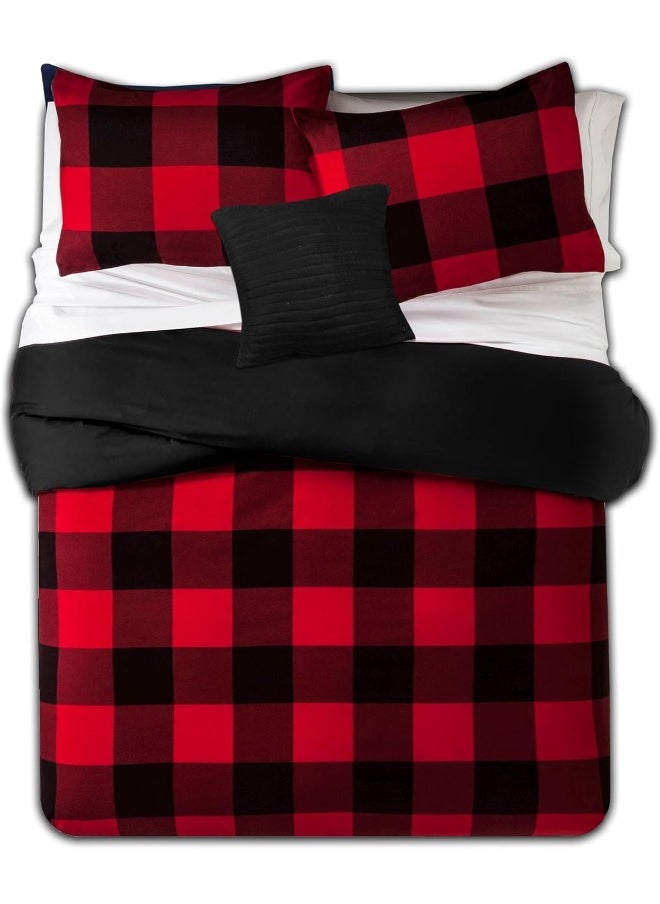 Sweet Home Collection 4 Piece Buffalo Check Plaid Design Reversible to Solid Color with 2 Shams & Throw Pillow, Full/Queen, Burgundy