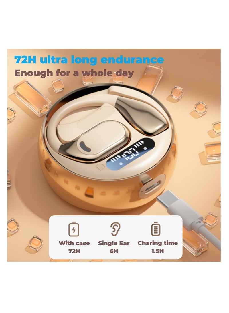 Bluetooth Open Ear, Azonee Gaming Headphones HIFI IPX5 Waterproof Noise Cancelling Wireless Bluetooth Earbuds with Mic and Flexible Earhooks for Android/iOS 72 Hours (Beige)