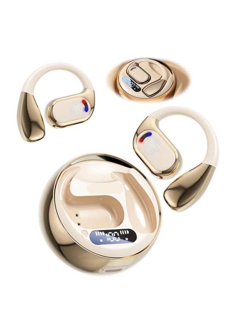 Bluetooth Open Ear, Azonee Gaming Headphones HIFI IPX5 Waterproof Noise Cancelling Wireless Bluetooth Earbuds with Mic and Flexible Earhooks for Android/iOS 72 Hours (Beige)