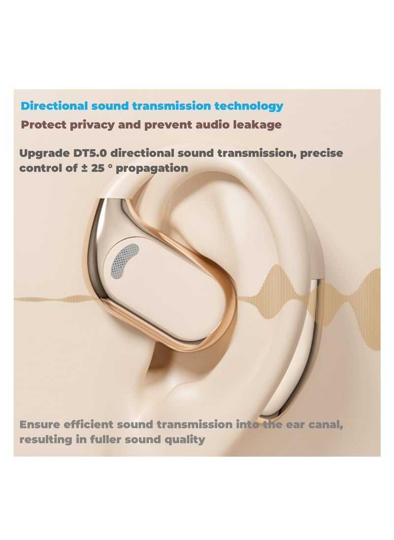 Bluetooth Open Ear, Azonee Gaming Headphones HIFI IPX5 Waterproof Noise Cancelling Wireless Bluetooth Earbuds with Mic and Flexible Earhooks for Android/iOS 72 Hours (Beige)