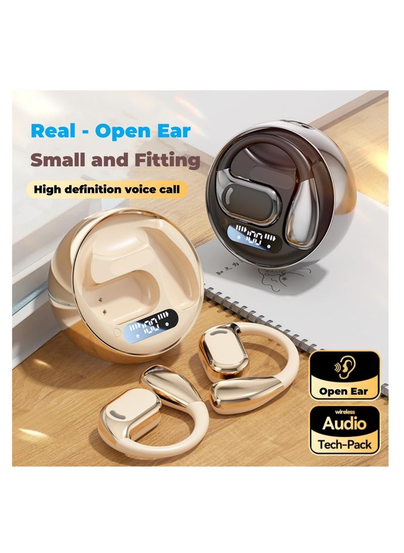 Bluetooth Open Ear, Azonee Gaming Headphones HIFI IPX5 Waterproof Noise Cancelling Wireless Bluetooth Earbuds with Mic and Flexible Earhooks for Android/iOS 72 Hours (Beige)