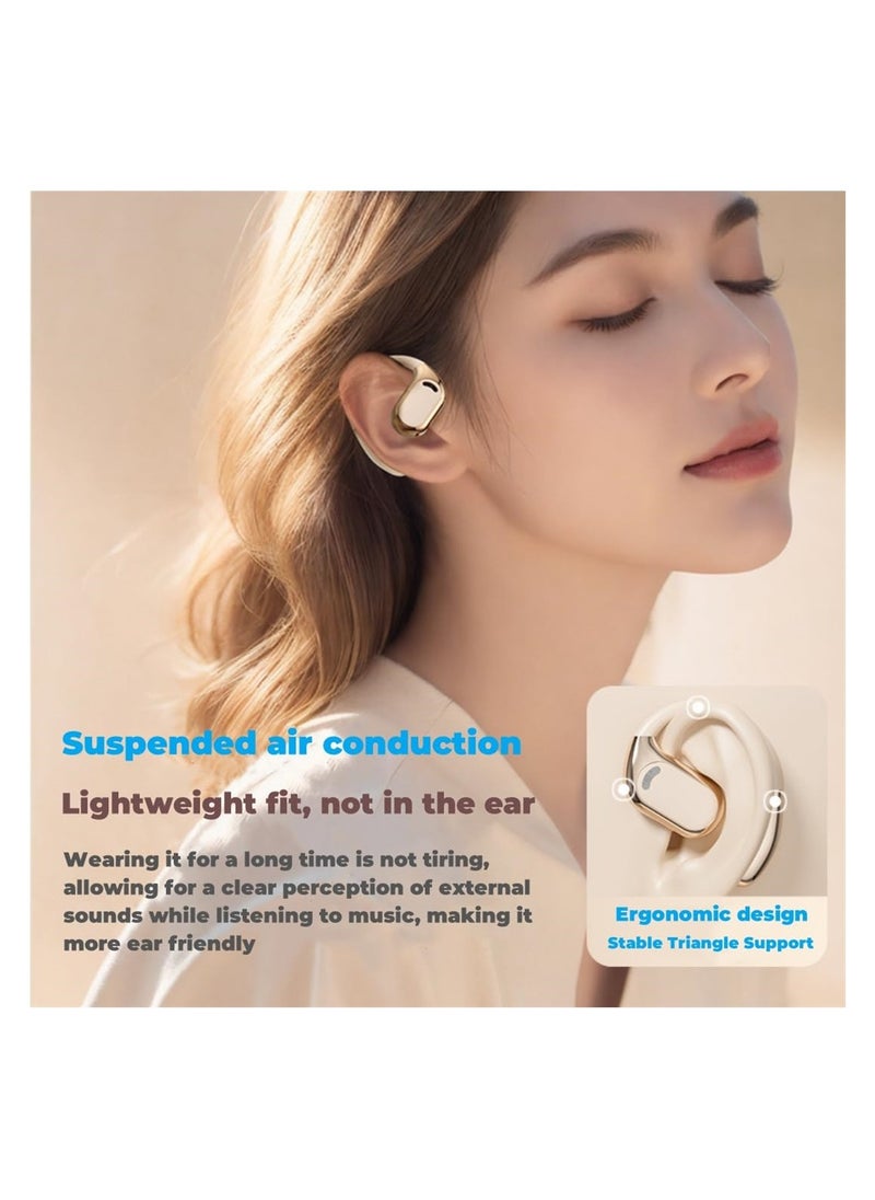 Bluetooth Open Ear, Azonee Gaming Headphones HIFI IPX5 Waterproof Noise Cancelling Wireless Bluetooth Earbuds with Mic and Flexible Earhooks for Android/iOS 72 Hours (Beige)