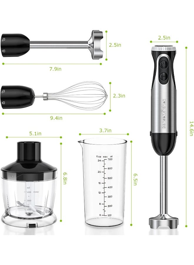 Bonsenkitchen 4-in-1 Immersion Blender Handheld, 20 Speeds Hand Blender with Turbo Mode, Stainless Steel Blade, Egg Whisk, Beaker & Chopper Bowl, Stick Mixer for Soup, Smoothie, Puree, Baby Food