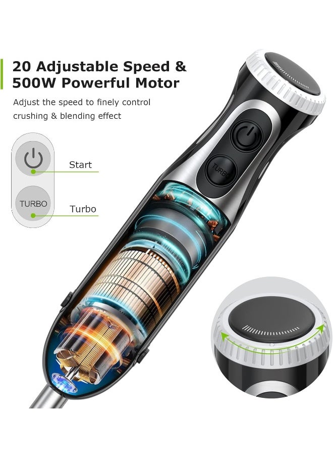 Bonsenkitchen 4-in-1 Immersion Blender Handheld, 20 Speeds Hand Blender with Turbo Mode, Stainless Steel Blade, Egg Whisk, Beaker & Chopper Bowl, Stick Mixer for Soup, Smoothie, Puree, Baby Food