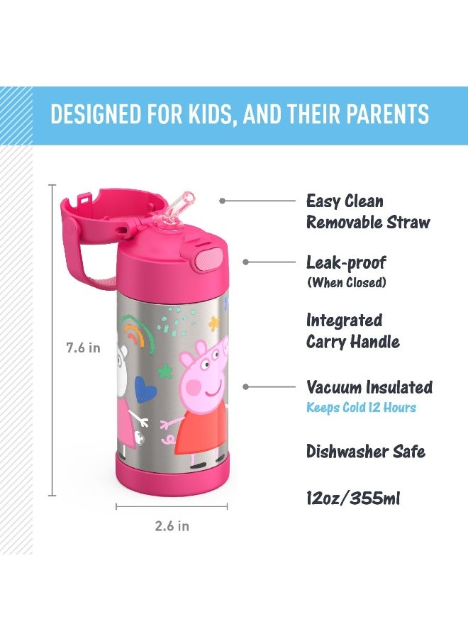 THERMOS FUNTAINER Water Bottle with Straw - 12 Ounce, Peppa Pig - Kids Stainless Steel Vacuum Insulated Water Bottle with Lid
