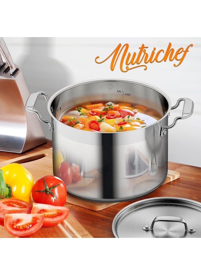 NutriChef 8 Qt Heavy-Duty Stockpot with Stainless Steel Lid - Induction Compatible Cooking Pot, Ideal for Soups and Stews