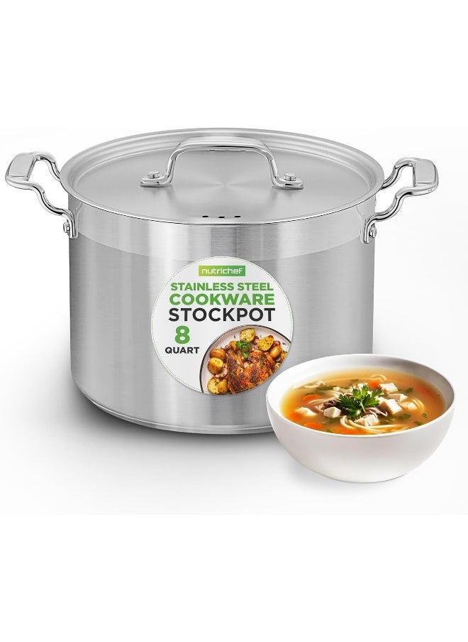 NutriChef 8 Qt Heavy-Duty Stockpot with Stainless Steel Lid - Induction Compatible Cooking Pot, Ideal for Soups and Stews