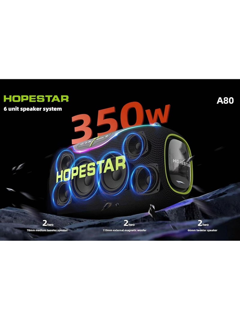 A80 350W Portable Bluetooth 5.3 Speaker with Wireless Mic, 24H Playtime, 30,000mAh Battery, RGB Lights, TWS, IPX6 Waterproof, EQ Control, 10M Range – Ultimate Party Speaker for Outdoor Events, Karaoke, and Gatherings