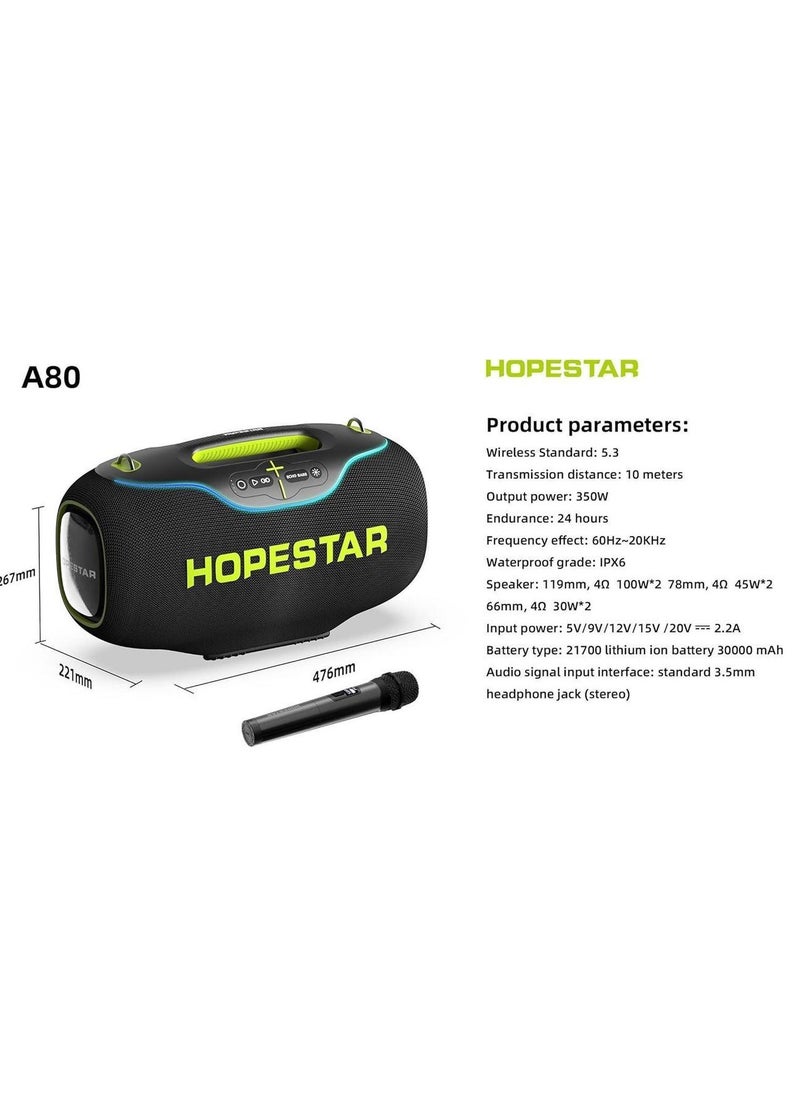 A80 350W Portable Bluetooth 5.3 Speaker with Wireless Mic, 24H Playtime, 30,000mAh Battery, RGB Lights, TWS, IPX6 Waterproof, EQ Control, 10M Range – Ultimate Party Speaker for Outdoor Events, Karaoke, and Gatherings