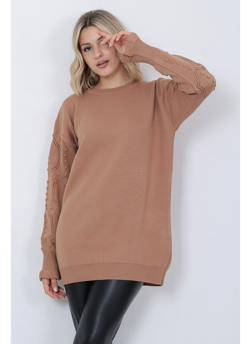 Women's Knitwear Sweater Crew Neck Sleeve Patterned Oversize Mink