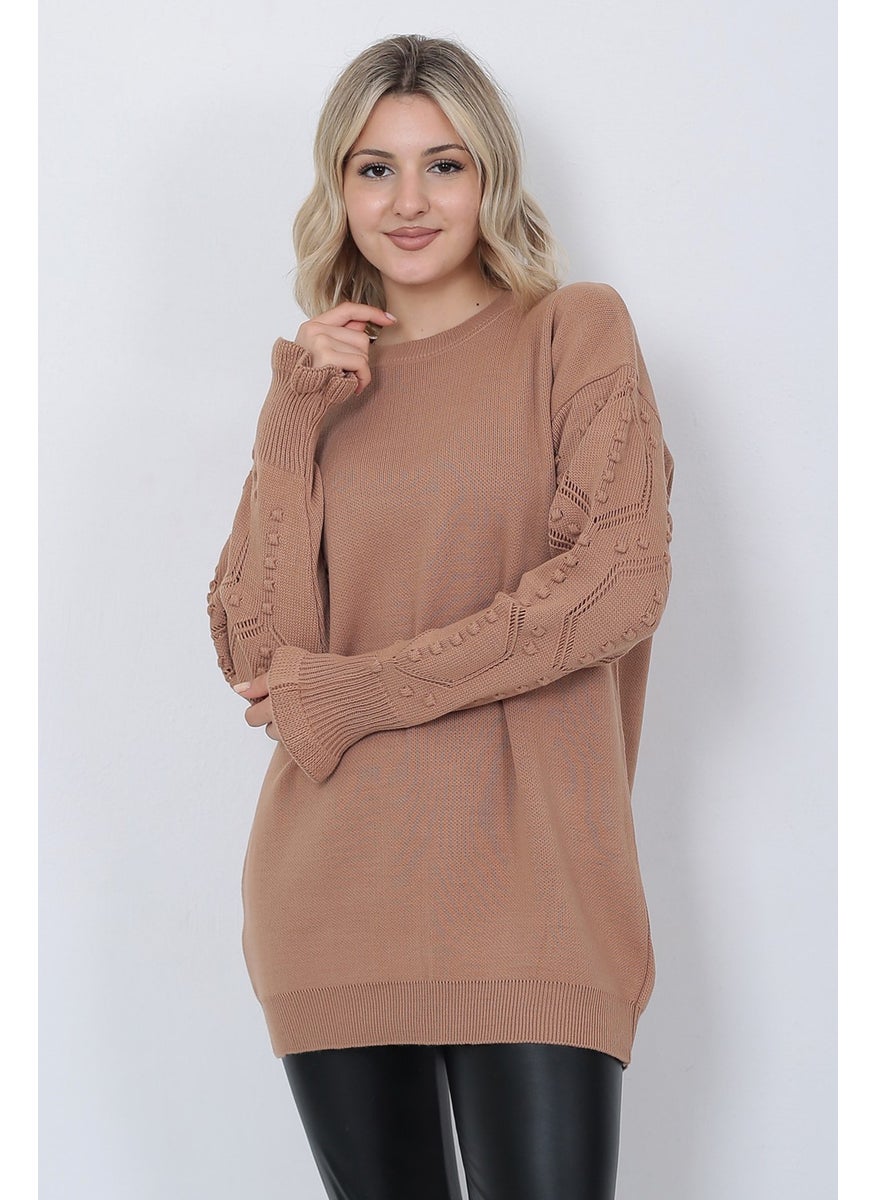 Women's Knitwear Sweater Crew Neck Sleeve Patterned Oversize Mink