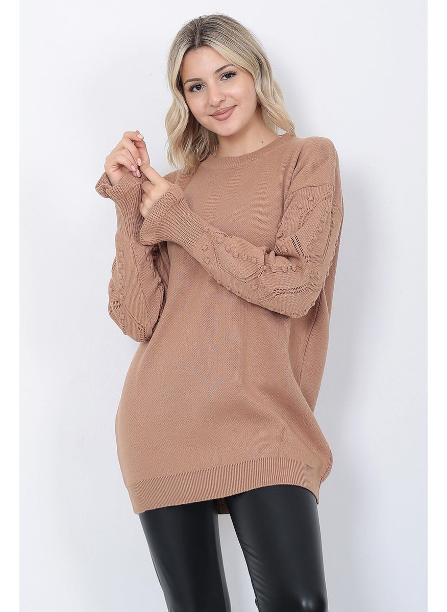 Women's Knitwear Sweater Crew Neck Sleeve Patterned Oversize Mink