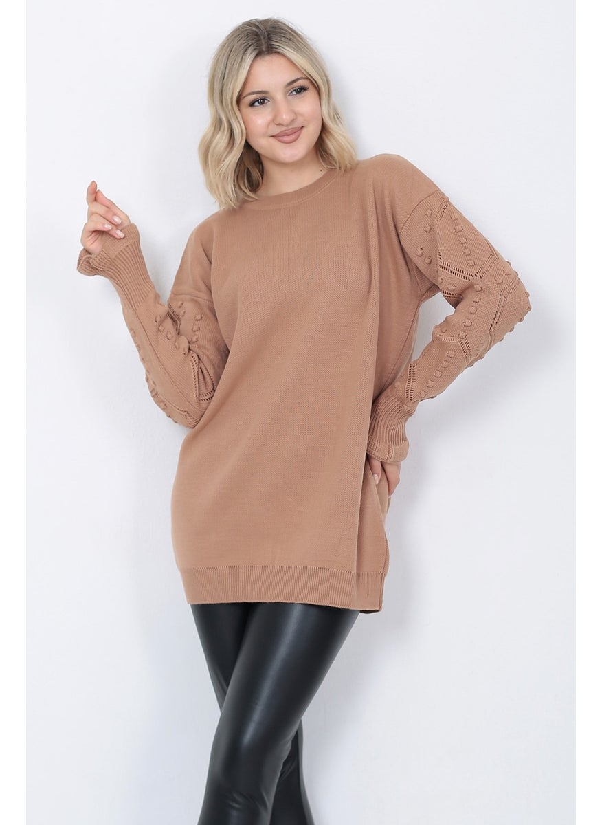 Women's Knitwear Sweater Crew Neck Sleeve Patterned Oversize Mink