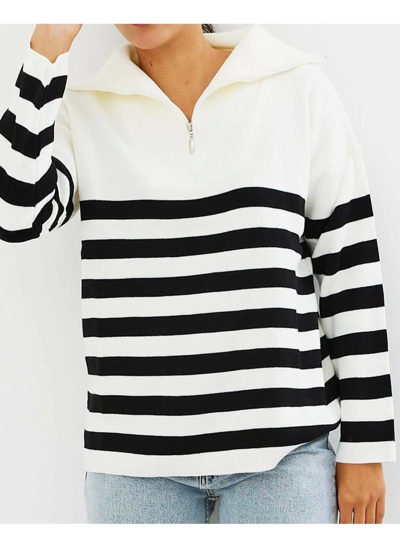 Women's Striped Oversize Cut Zippered Knitwear Sweater Ecru-Black