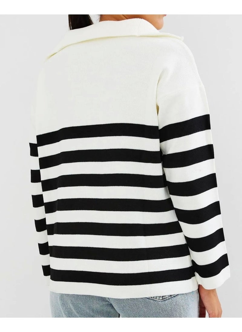 Women's Striped Oversize Cut Zippered Knitwear Sweater Ecru-Black